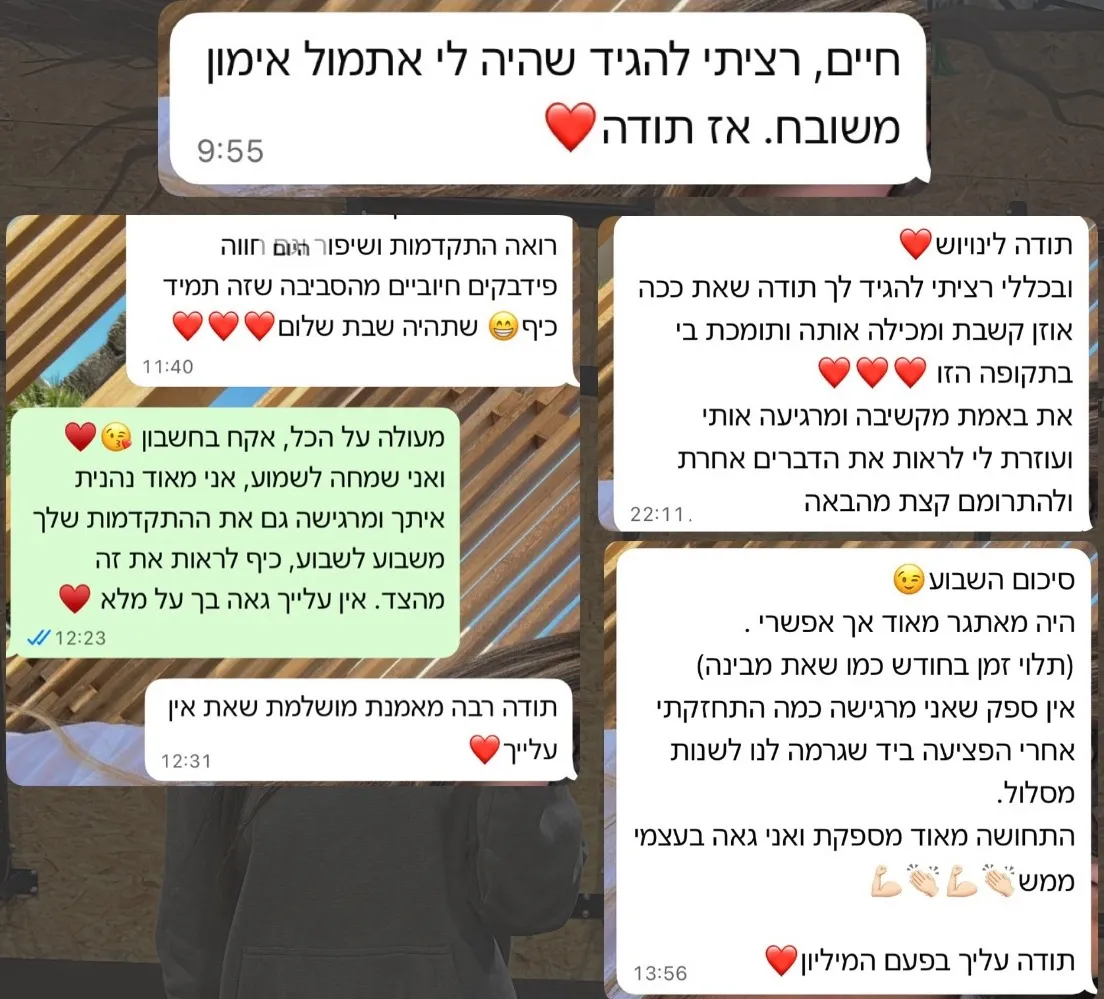 הודעה ממתאמנת: תודה לינוויש ❤️ רציתי להגיד לך תודה שאת ככה אוזן קשבת ומכילה אותה ותומכת בי בתקופה הזו. סיכום השבוע: אין ספק שאני מרגישה כמה התחזקתי